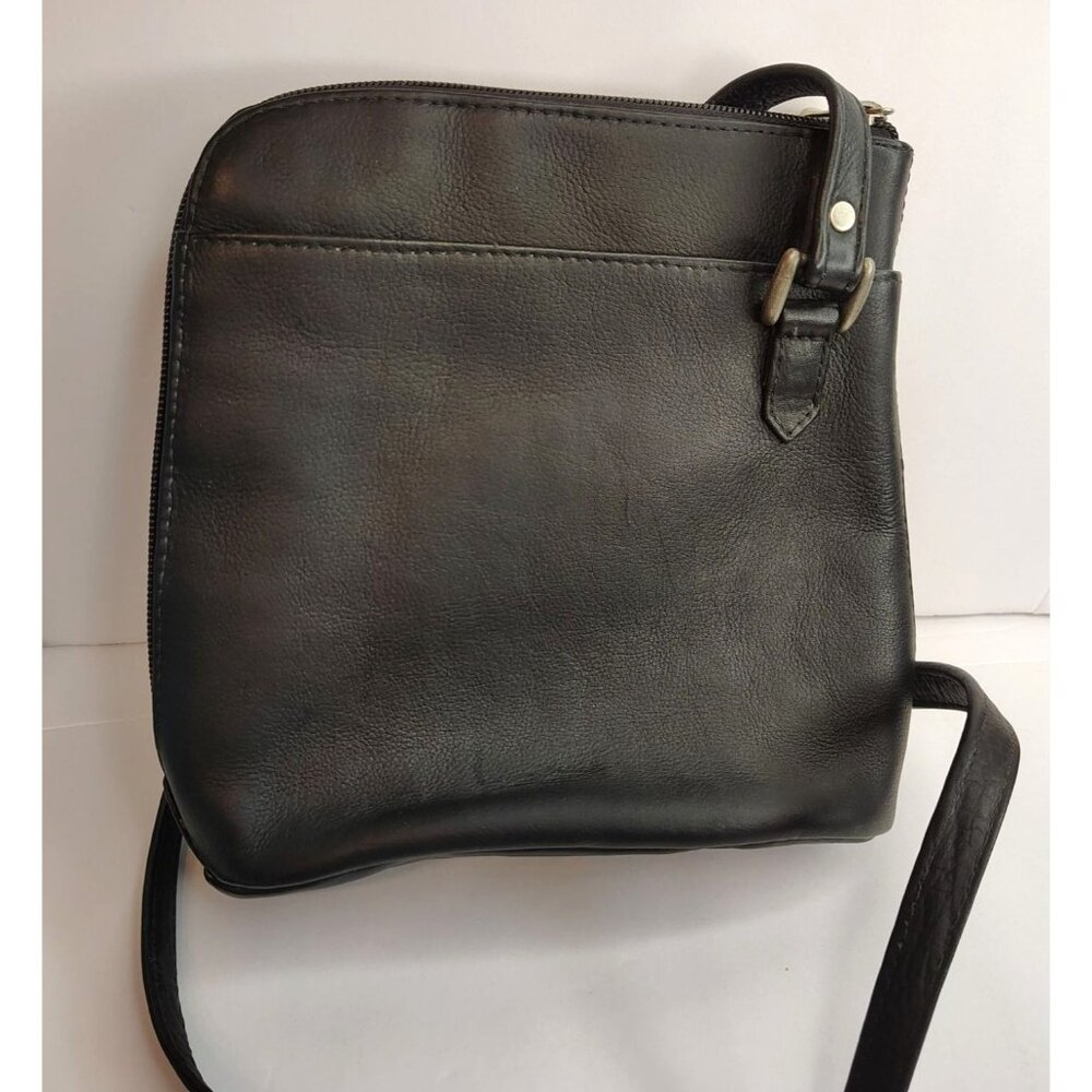 Le Donne Black Leather Crossbody Purse, Long Strap, Zip Close
